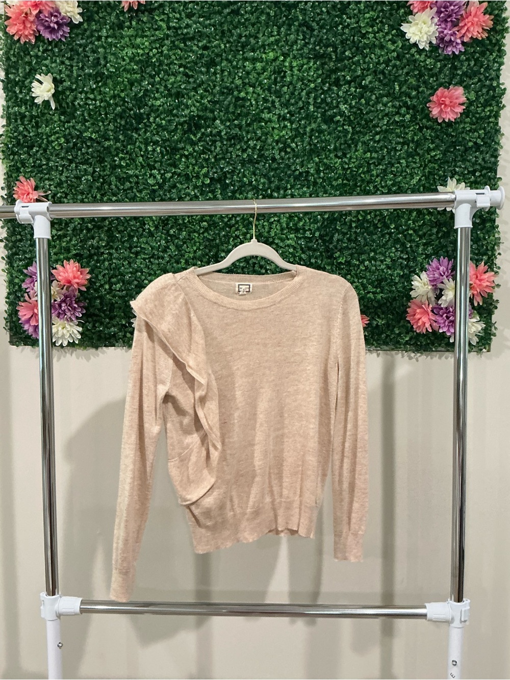 Light Blush Ruffle Detail Crewneck Sweater - Women